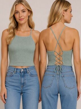 Hollister Smocked Lace Up Crop Top Small